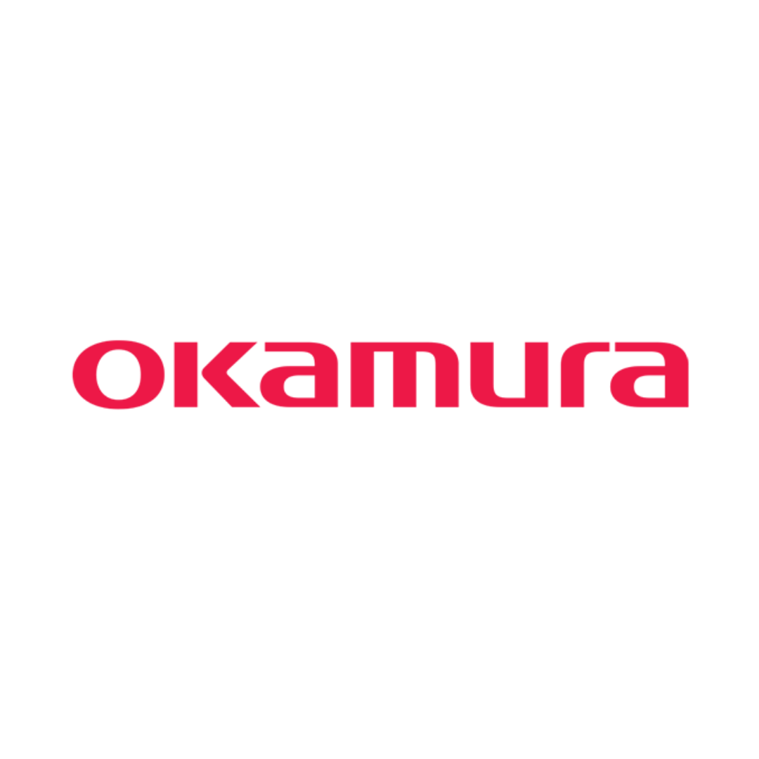 Black background with the word 'okamura' written in red lowercase letters