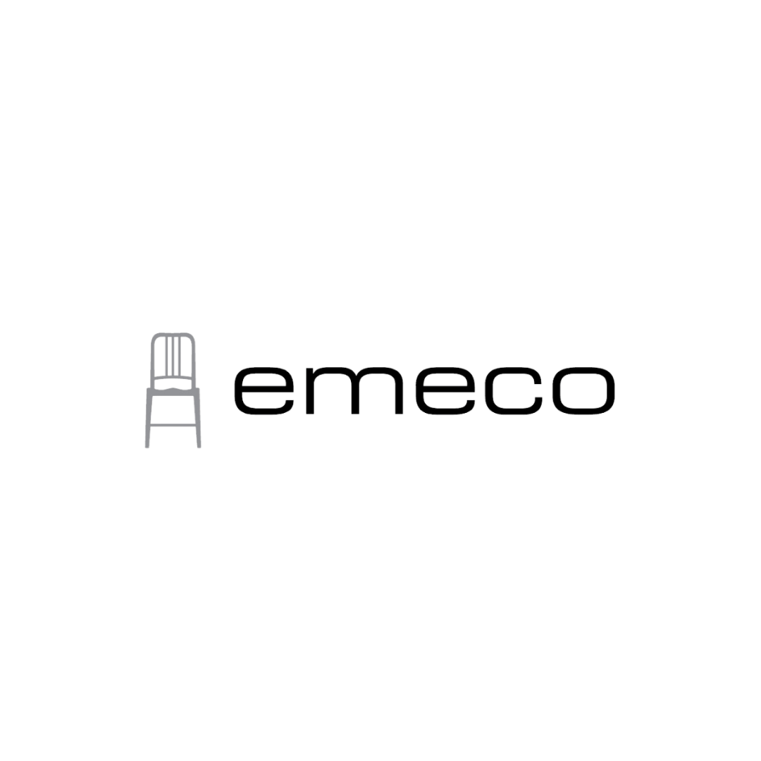 Logo of a chair with the word "emeco" in black lowercase letters next to it.