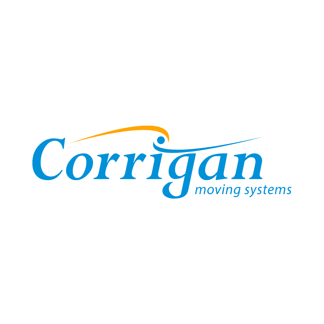 Logo for Corrigan Moving Systems with blue and orange text and swoosh design