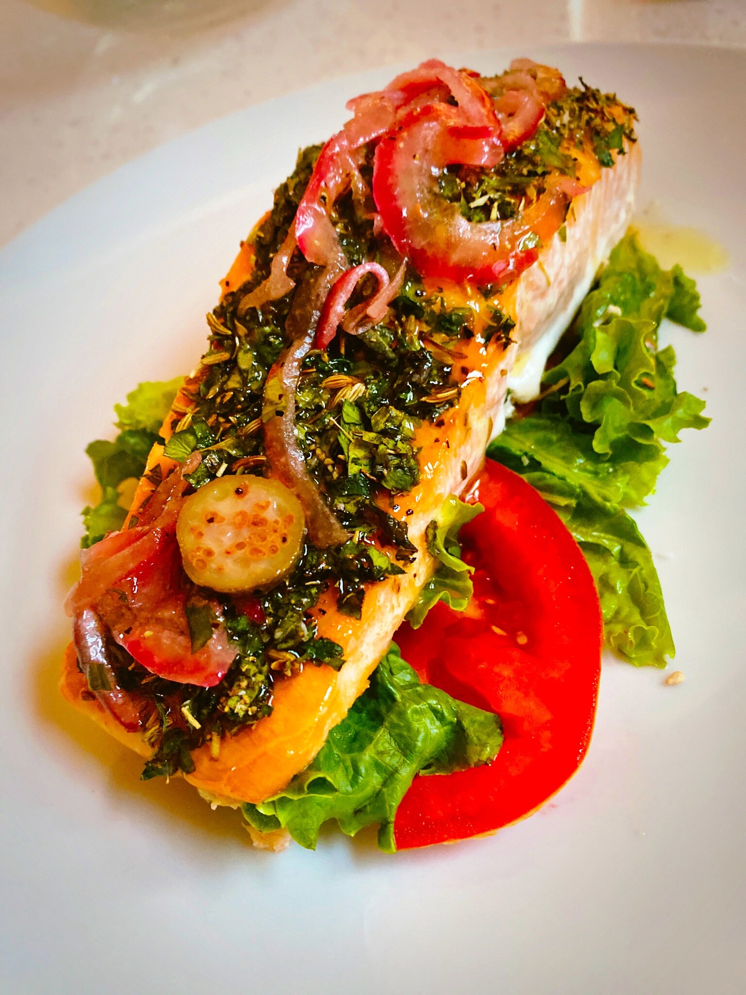 Baked Herbed Salmon with Red Onion Caper Vinaigrette