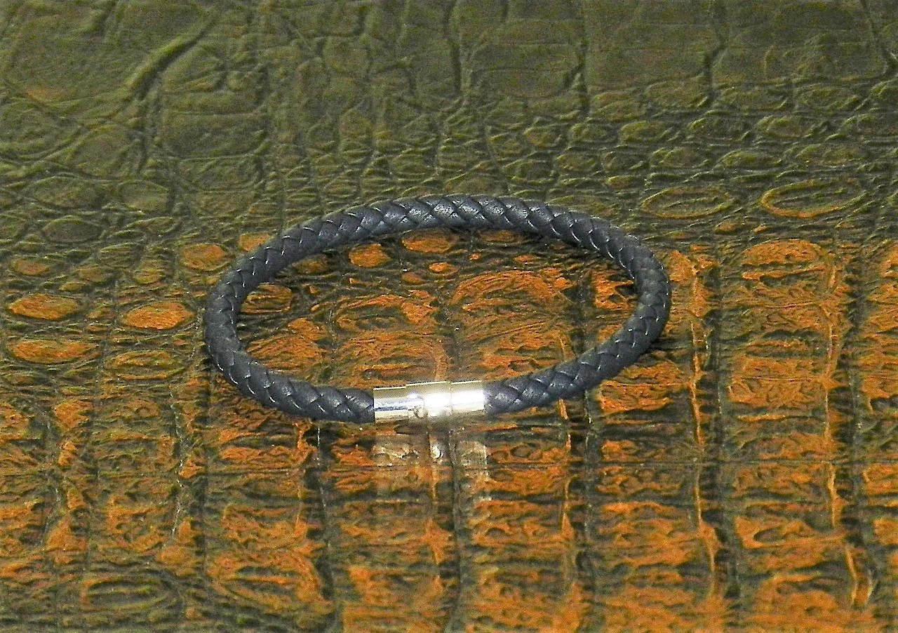Unisex Bracelet made from Braided Leather, Navy, with a Magnetic Stainless Steel Clasp.  Fits Wrist Size: 7” - 7.5”