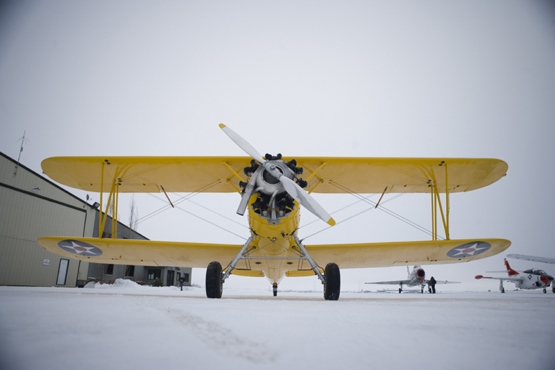 Naval Aircraft Factory N3N on snowy runway