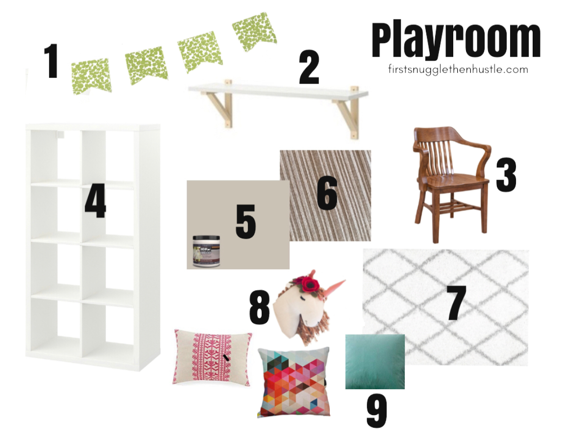 1. DIY Banner made from leftover fabric / 2. Ikea Wall Shelf / 3. We own a set of courtroom chairs like these / 4. Ikea Shelves / 5. Behr “Sculptor Clay” / 6. Fabric swatch from the L shaped couch / 7. Rugs USA Lattice Shag Rug / 8. Clearance Unicorn head from Hobby Lobby. I added the felt flowers and yarn hair / 9. Pillow covers from Amazon Vera Bradley Embroidered pillow (no longer available), multi & teal