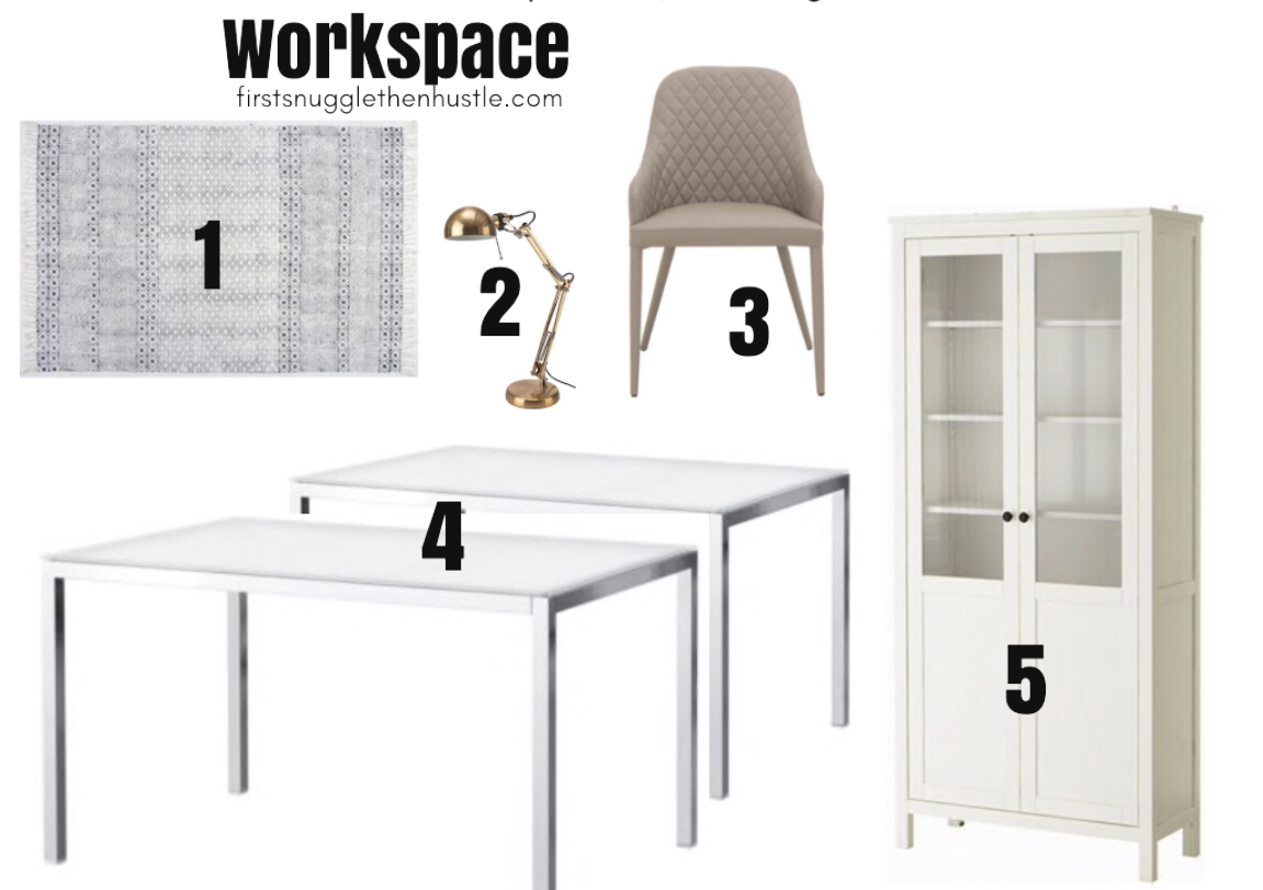 1. RugsUSA Chembra Rug / 2. Ikea Desk Lamp / 3. Neutral Brown Quilted Chair / 4. Ikea Table / 5. Ikea Hemnes Cabinet