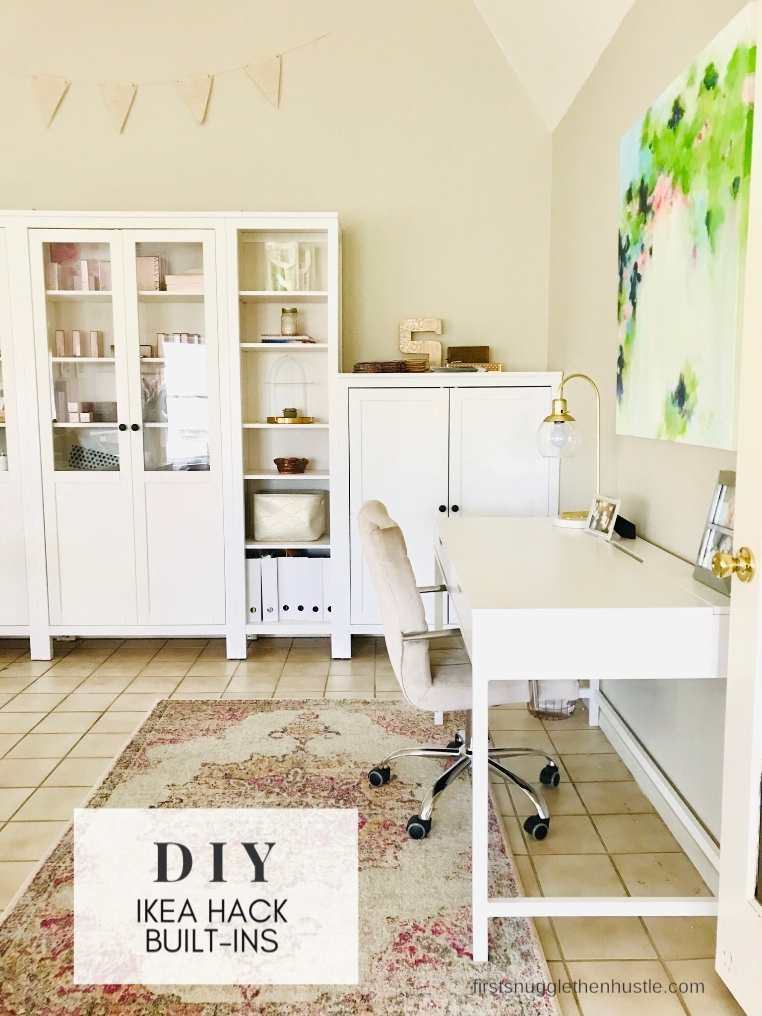 Rug from RugsUSA /. Ikea Desk / Office Chair from Home Goods / Desk Lamp from Walmart / DIY Builtins Ikea Hemnes Series / Painting by me
