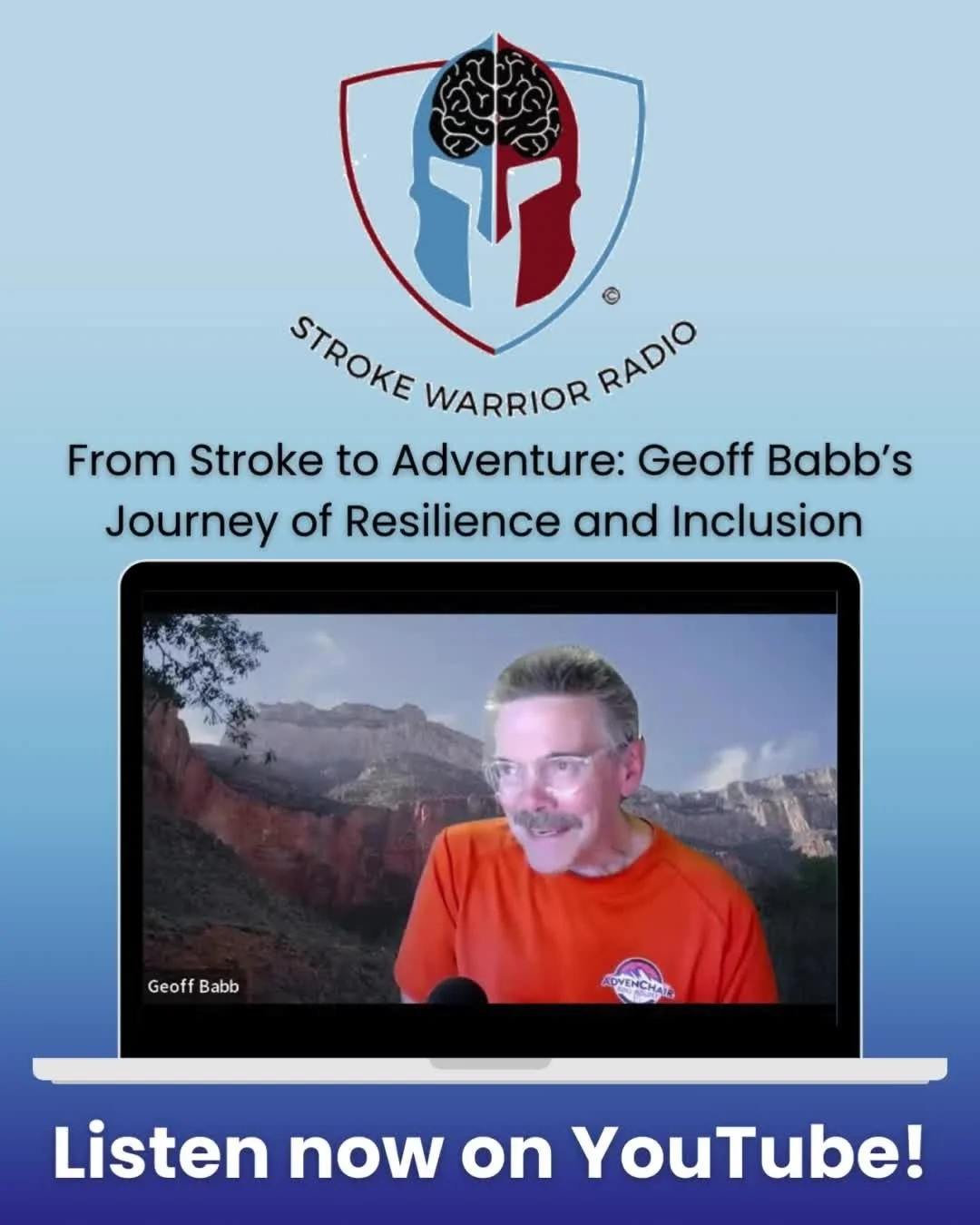 Now online &ndash; listen or watch Geoff's interview with @strokewarriorradio Podcast host Ralph Cortese as they discuss life before and after stroke, the passion behind the AdvenChair project, and the many amazing ways it has changed more lives than