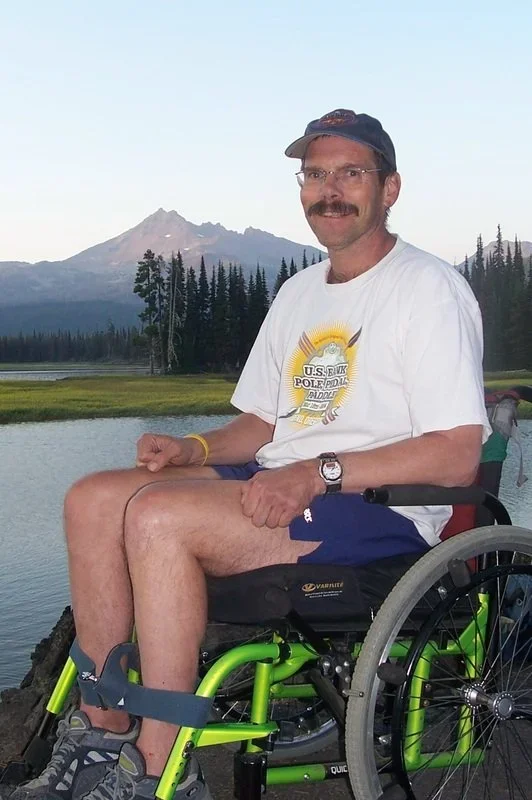 Geoff at Sparks Lake on the Cascades Lake Loop in 2006, dreaming of getting back on the singletrack!