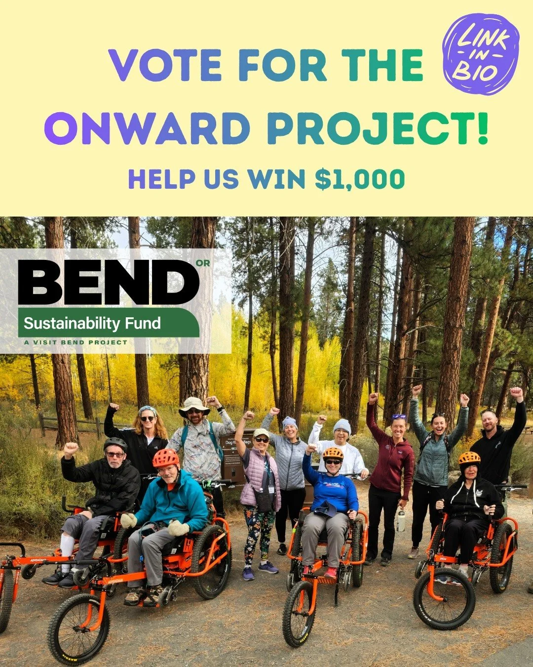 Thanks to the @visitbend Bend Sustainability Fund, we have a chance to win an ADDITIONAL $1,000 for our project! Cast your community vote using the link in our bio today!

Our project will add three AdvenChairs to our fleet and purchase a box trailer