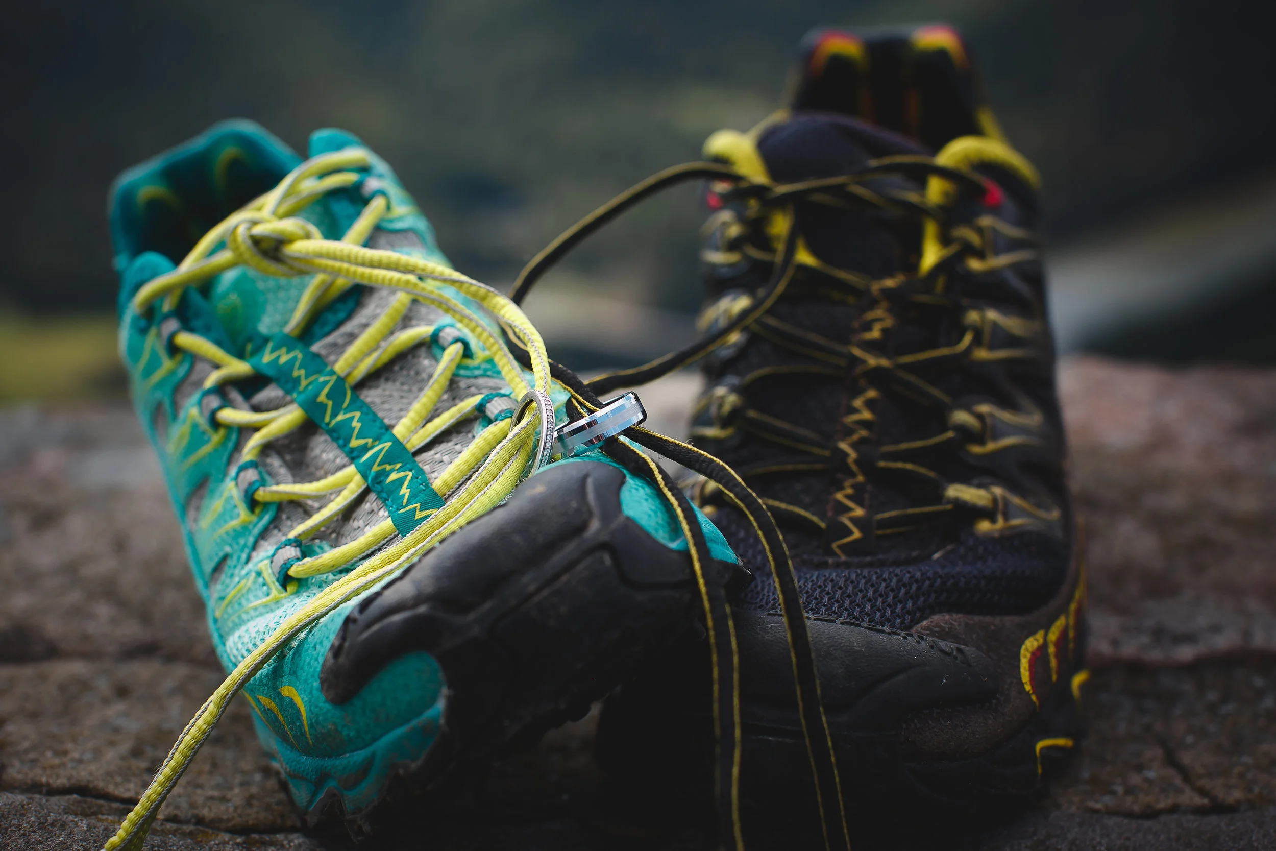 Two of our PA Trail Dogs (Shaina & Norb Baier) tied the knot in September 2018. Their rings arrived at the ceremony bound to their favorite trail shoes — “his and hers” La Sportiva Ultra Raptors.
