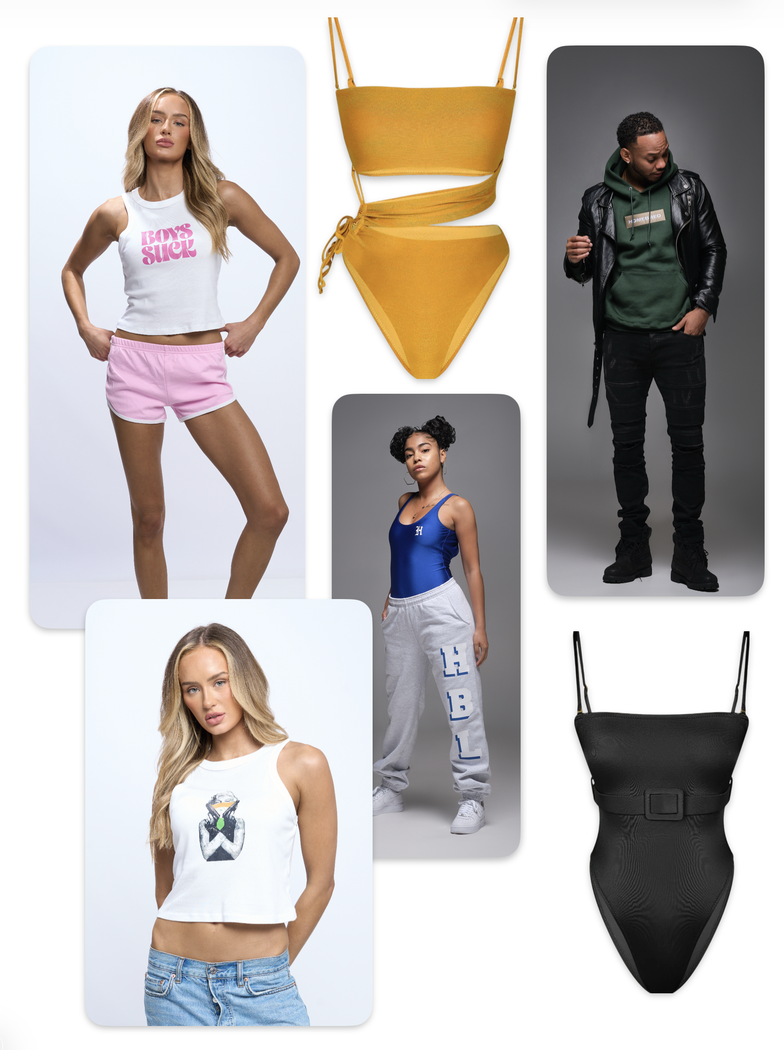 A collage of fashion clothing and accessories including a white cropped tank top with pink text, a yellow bikini with a wrap-around style top, a blue tank top with sweatpants, a white tank top with graphic print, a black one-piece swimsuit, a woman modeling pink shorts and a white crop top, a woman in a blue tank top and gray sweatpants, and two hooded sweatshirts, one green and one black, with a man and a woman modeling casual streetwear.