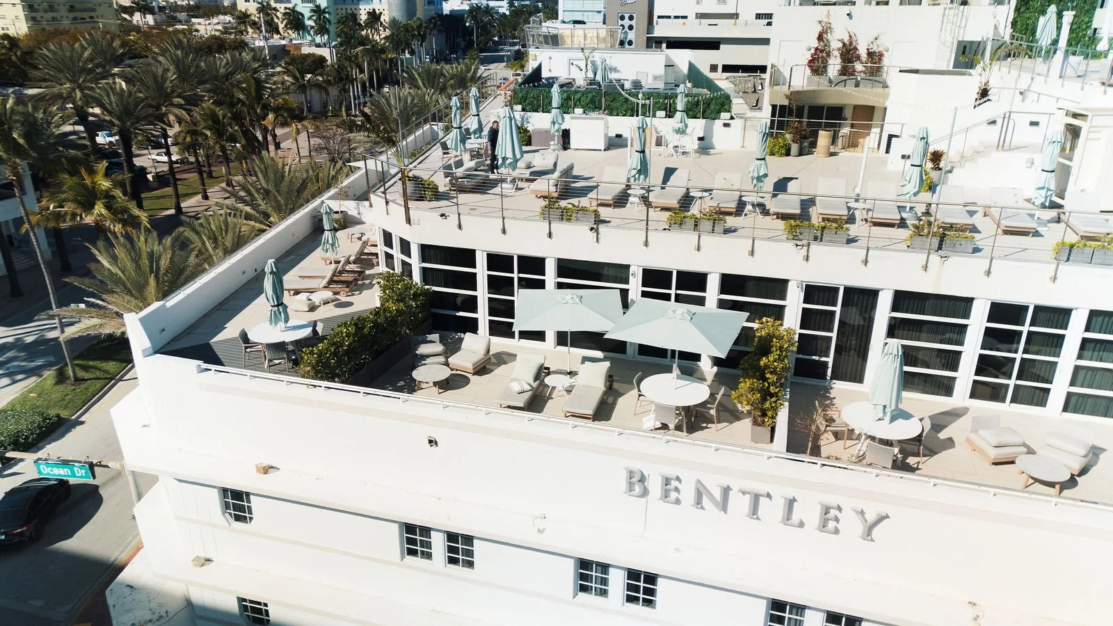 Aerial view of Bentley Hotel and its Ocean Drive setting