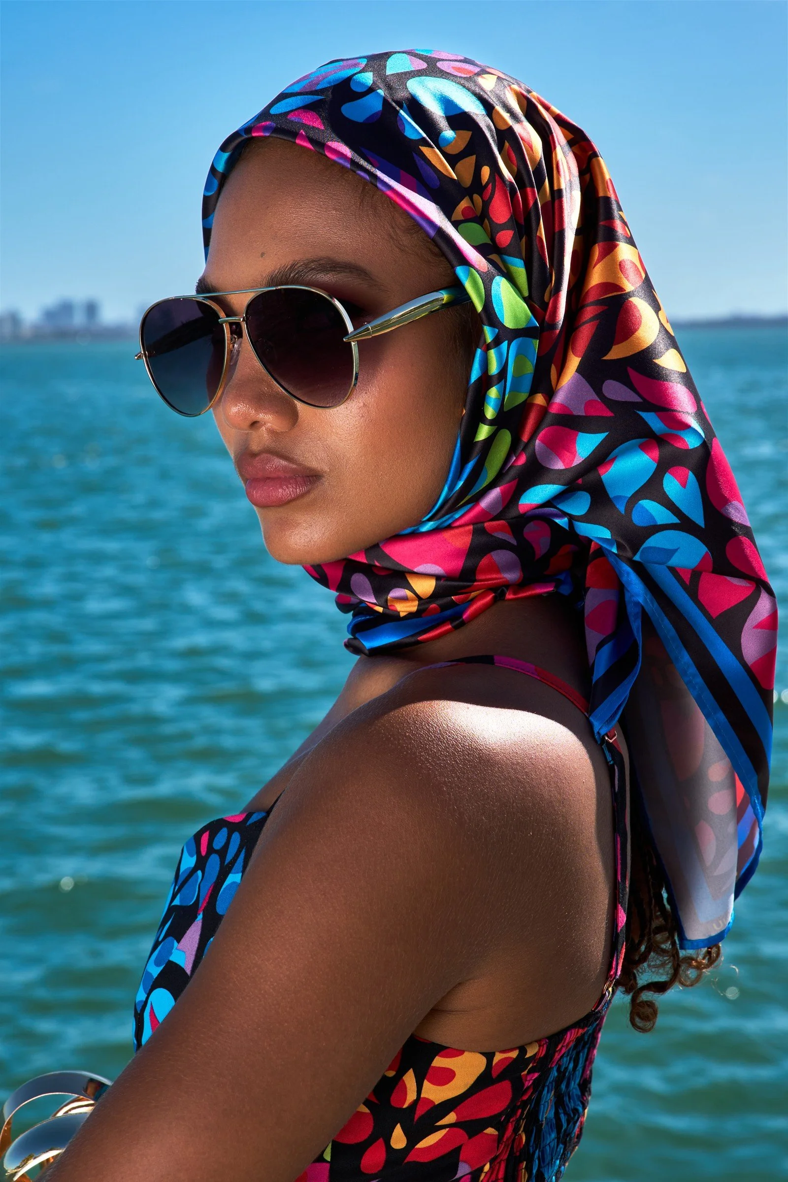 D’IYANU printed headscarf and resortwear portrait by Ben Amare