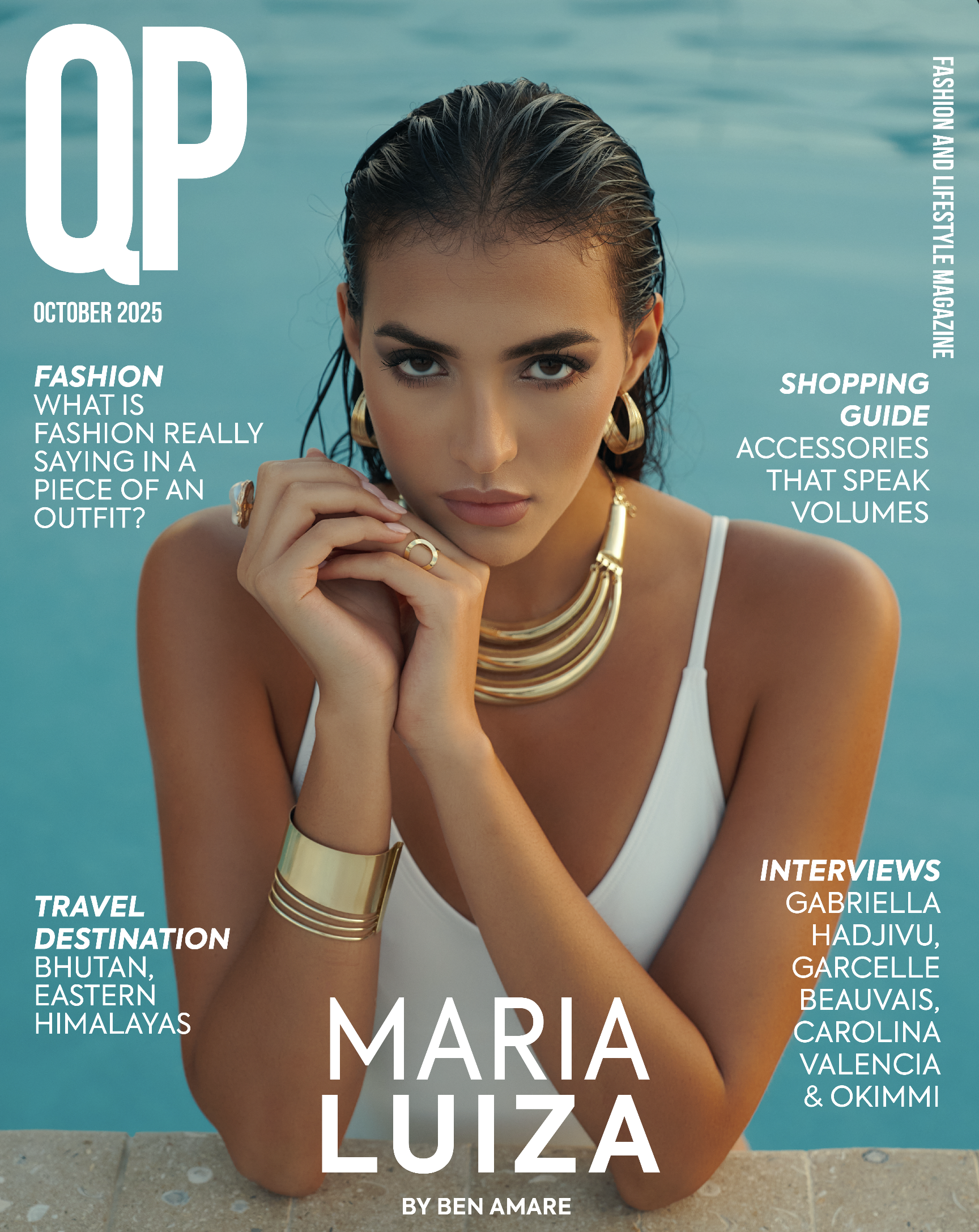 Cover of UP magazine October 2025 featuring a woman with dark wet hair, wearing gold jewelry and a white tank top, posing by a pool or water background.