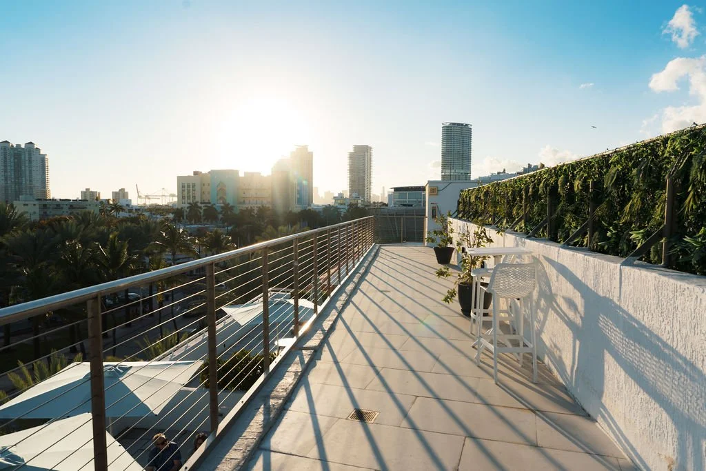 Bentley Hotel rooftop terrace at sunset