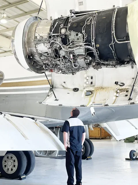Technician inspecting a Gulfstream engine in the hangar
