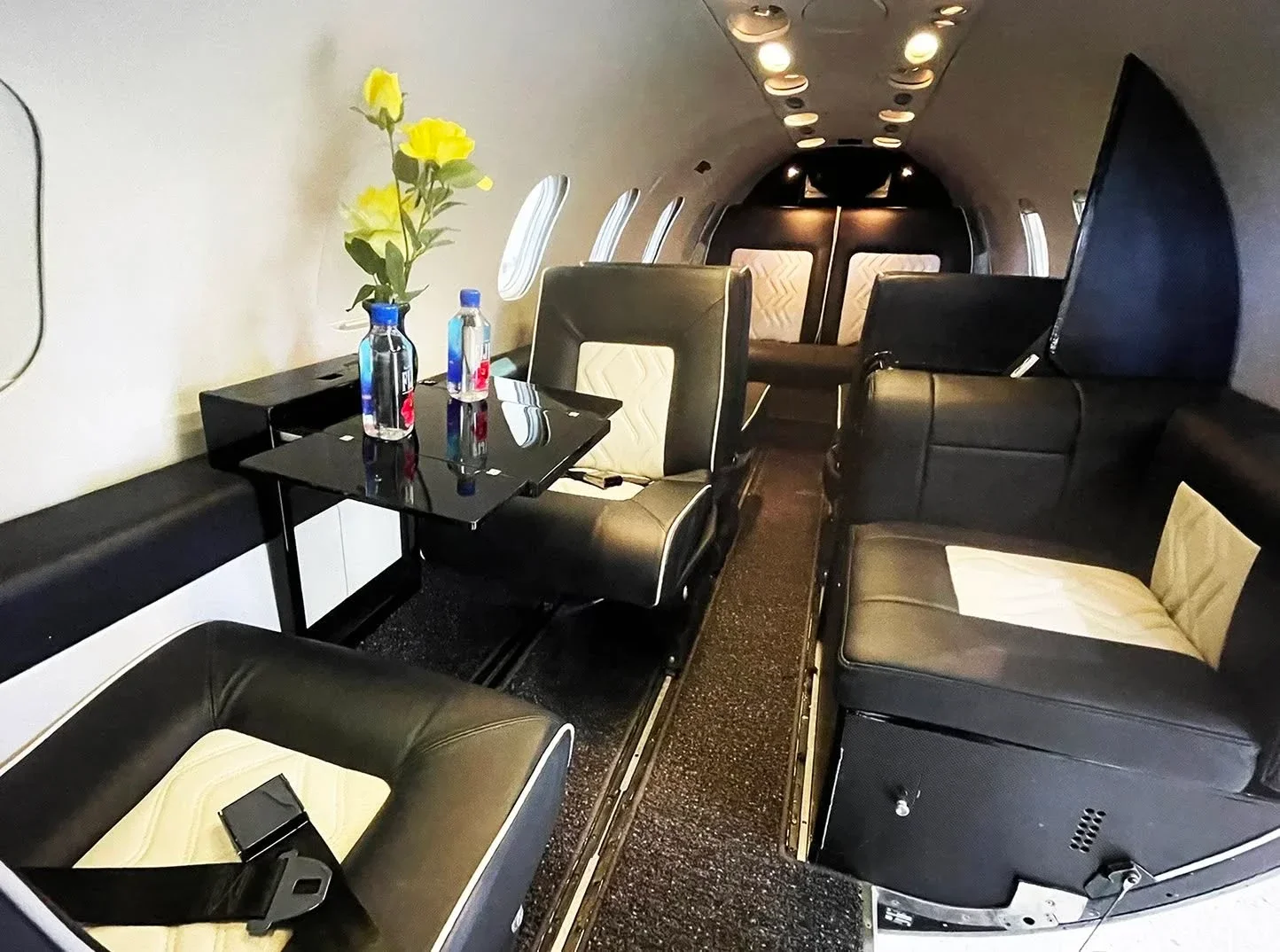 Luxury Learjet cabin interior leather seating