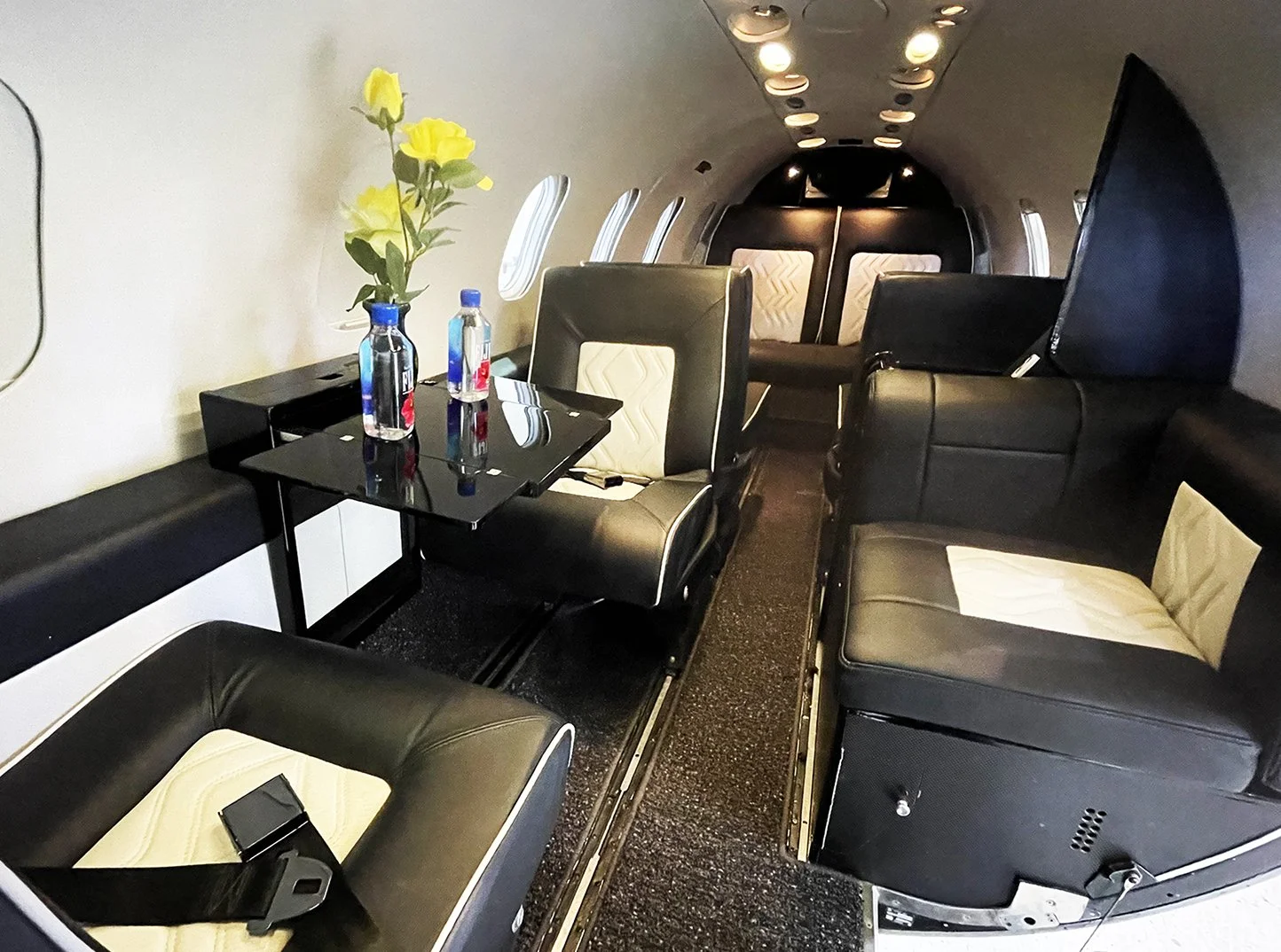 Modern business jet cabin interior refinished by Haggan Aviation at Centennial Airport Denver