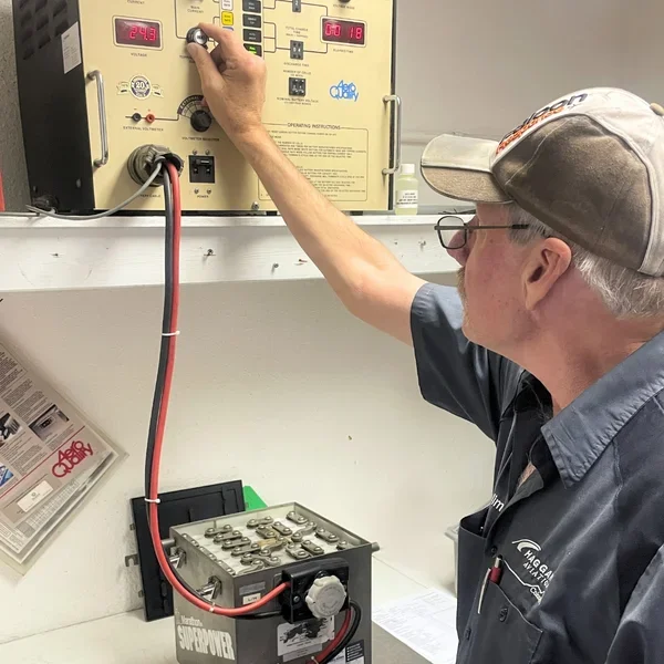 Haggan Aviation technician performing a capacity test on an aircraft battery with an Aero Quality analyzer