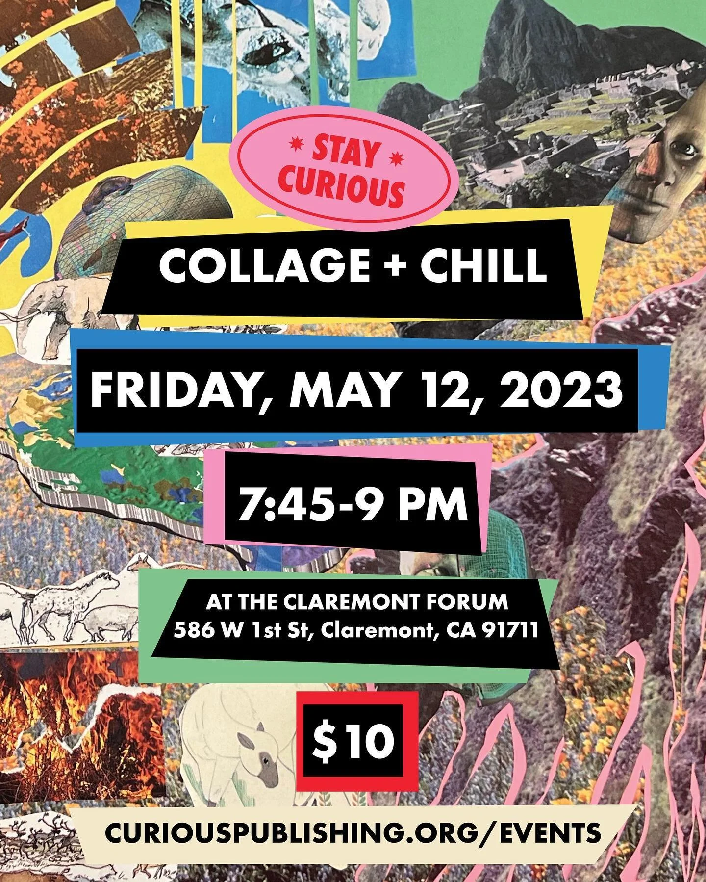 TONIGHT📢 Collage + Chill at The Claremont Forum @theclaremontforum on Friday, May 12, 2023 from 7:45-9 PM ✂️ | $10/person, all supplies are included!

Reserve your space at curiouspublishing.org/events. Space is limited 📚