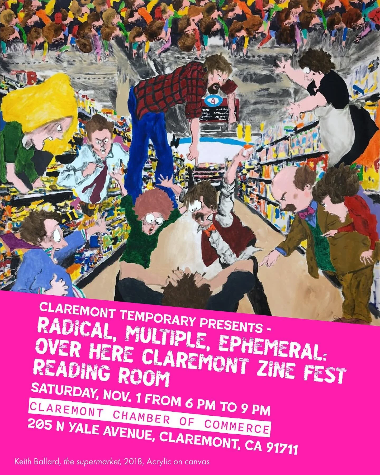 Claremont Temporary Presents - Radical, Multiple, Ephemeral: Over Here Claremont Zine Fest Reading Room on Saturday, November 1st from 6 to 9 PM at the 205 N Yale Ave. Claremont, CA . 
Claremont Temporary is a new collective of artists, curators, an