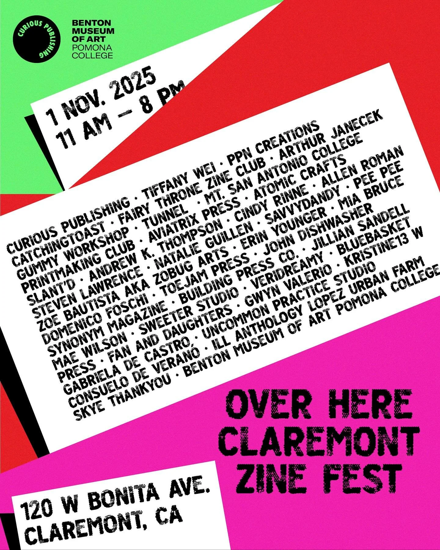 40+ exhibitors will set up for Over Here Claremont Zine Fest this Saturday, Nov 1 from 11 AM - 8 PM! 📚 Join us in the courtyard at the @bentonatpomona for the main event, and visit @claremont_lmoa for more hands on activities throughout the day! 

M