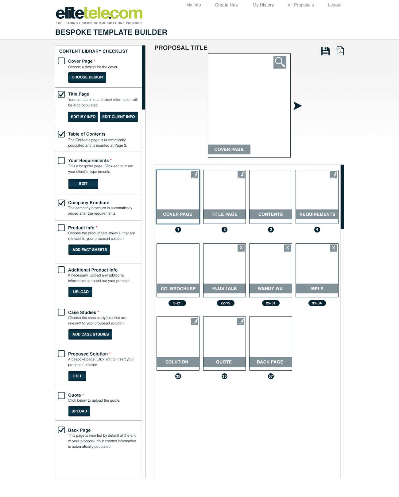  User then sees interface with left nav showing page insertion options, and right side showing pages inserted, and order of document. 