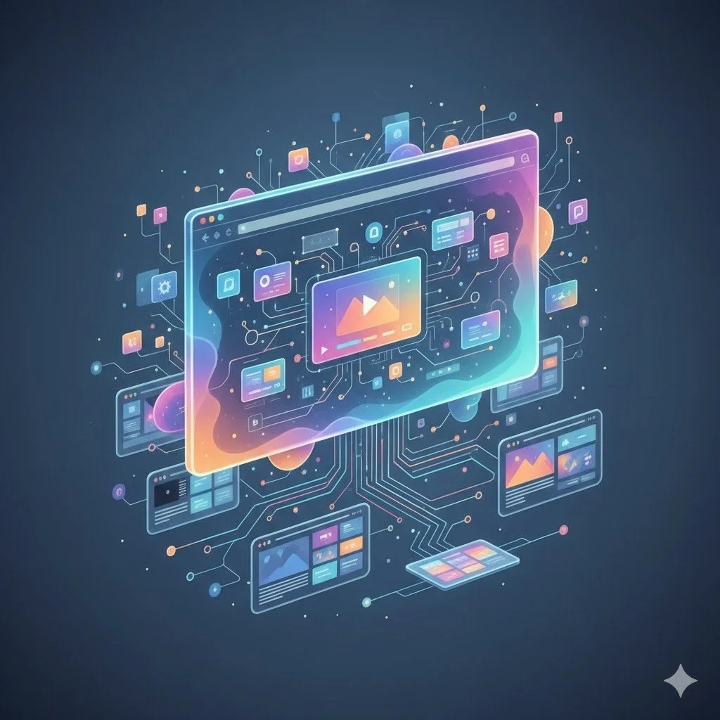 Digital illustration of various interconnected media and technology icons, including screens, videos, and apps, symbolizing digital content and multimedia networks.