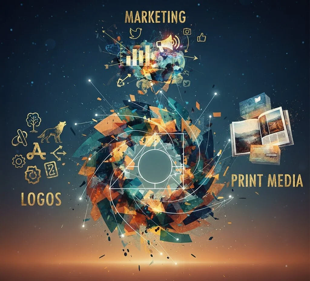 Abstract digital illustration with the words 'Marketing', 'Logos', and 'Print Media' highlighting digital marketing concepts, featuring icons of a lion, tree, gear, and books, with colorful geometric shapes and connection lines.