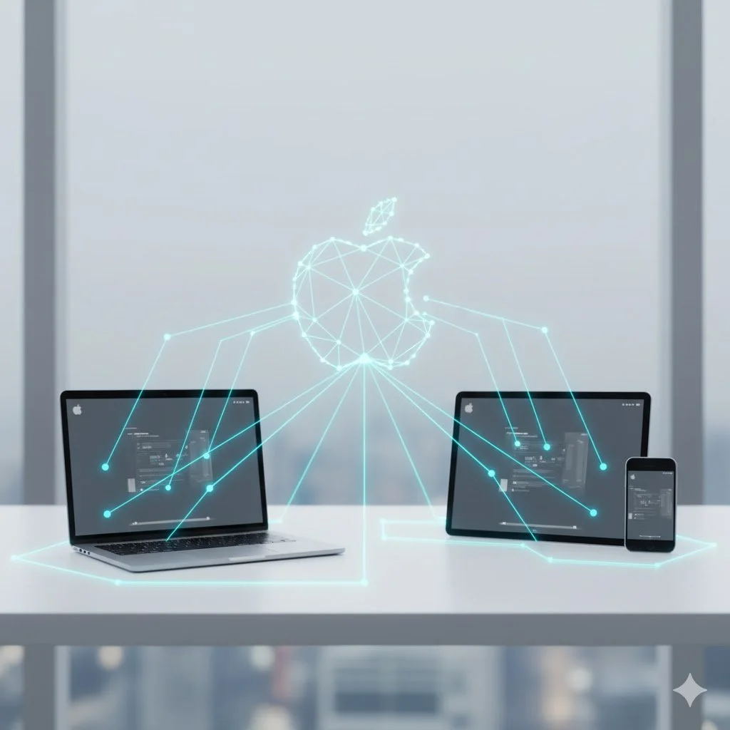 A digital illustration of Apple devices including a MacBook, iPad, and iPhone on a white table with holographic lines connecting to a glowing apple logo in the center.