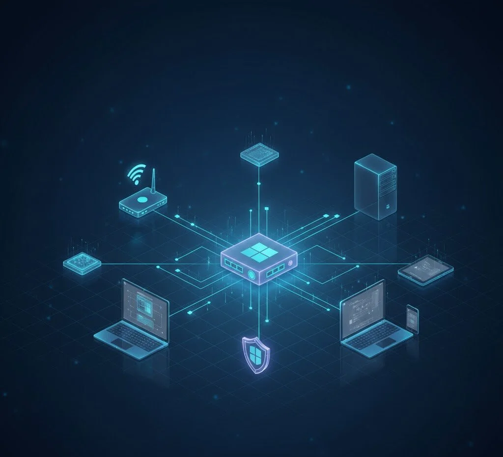 Digital illustration of interconnected electronic devices including laptops, smartphones, servers, and routers connected to a central hub, emphasizing cybersecurity and network connectivity.