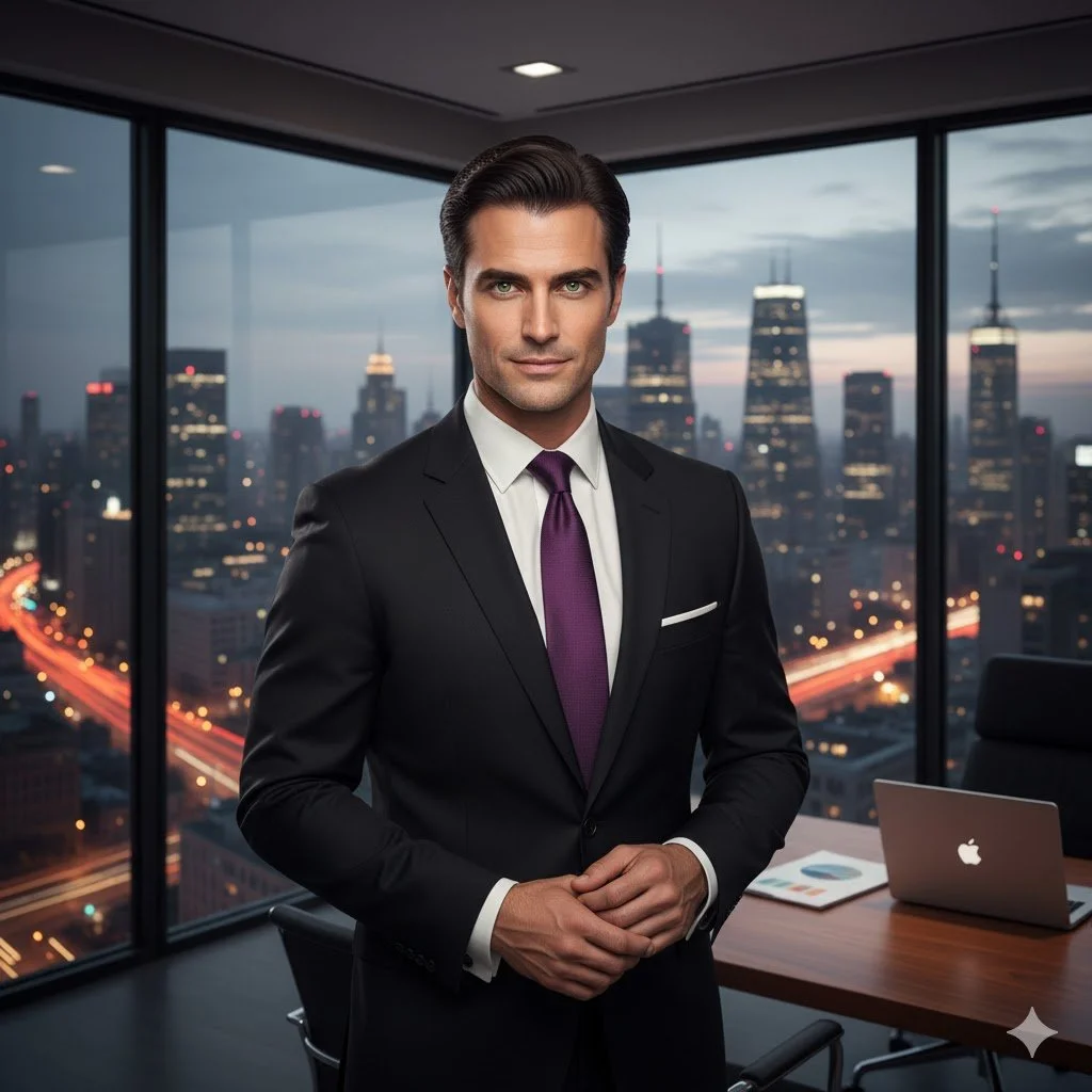 A man in a black suit and purple tie standing in a modern office with floor-to-ceiling windows showing a city skyline at dusk.