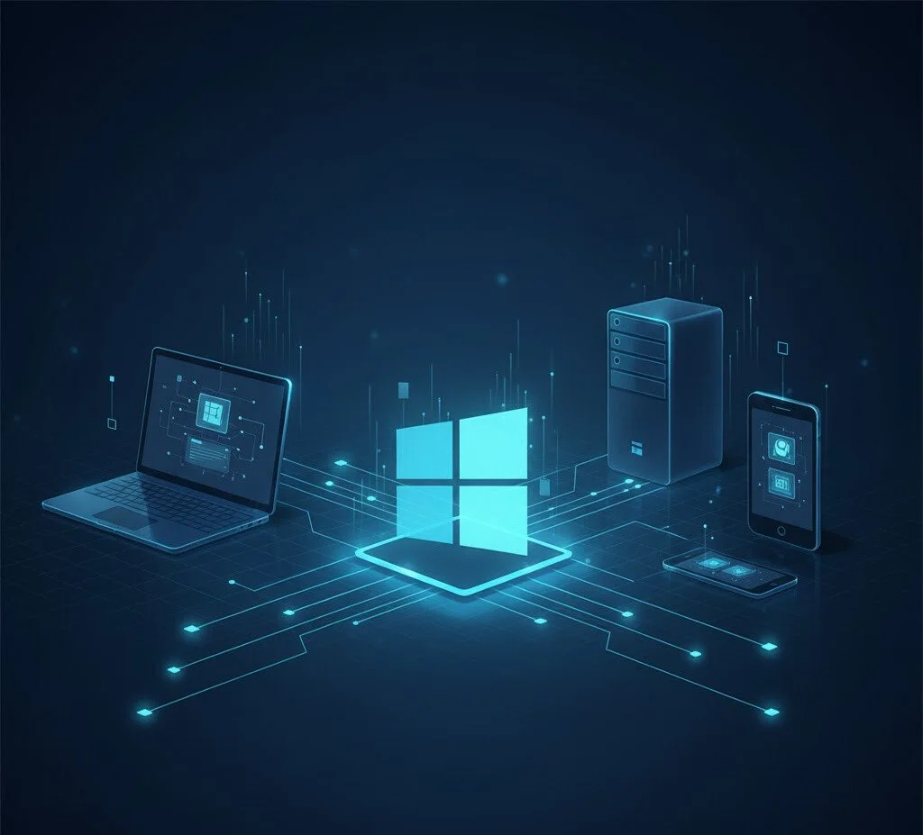 Digital illustration of computer technology, featuring a laptop, a server, and a smartphone all connected through a digital network with the Windows logo at the center.