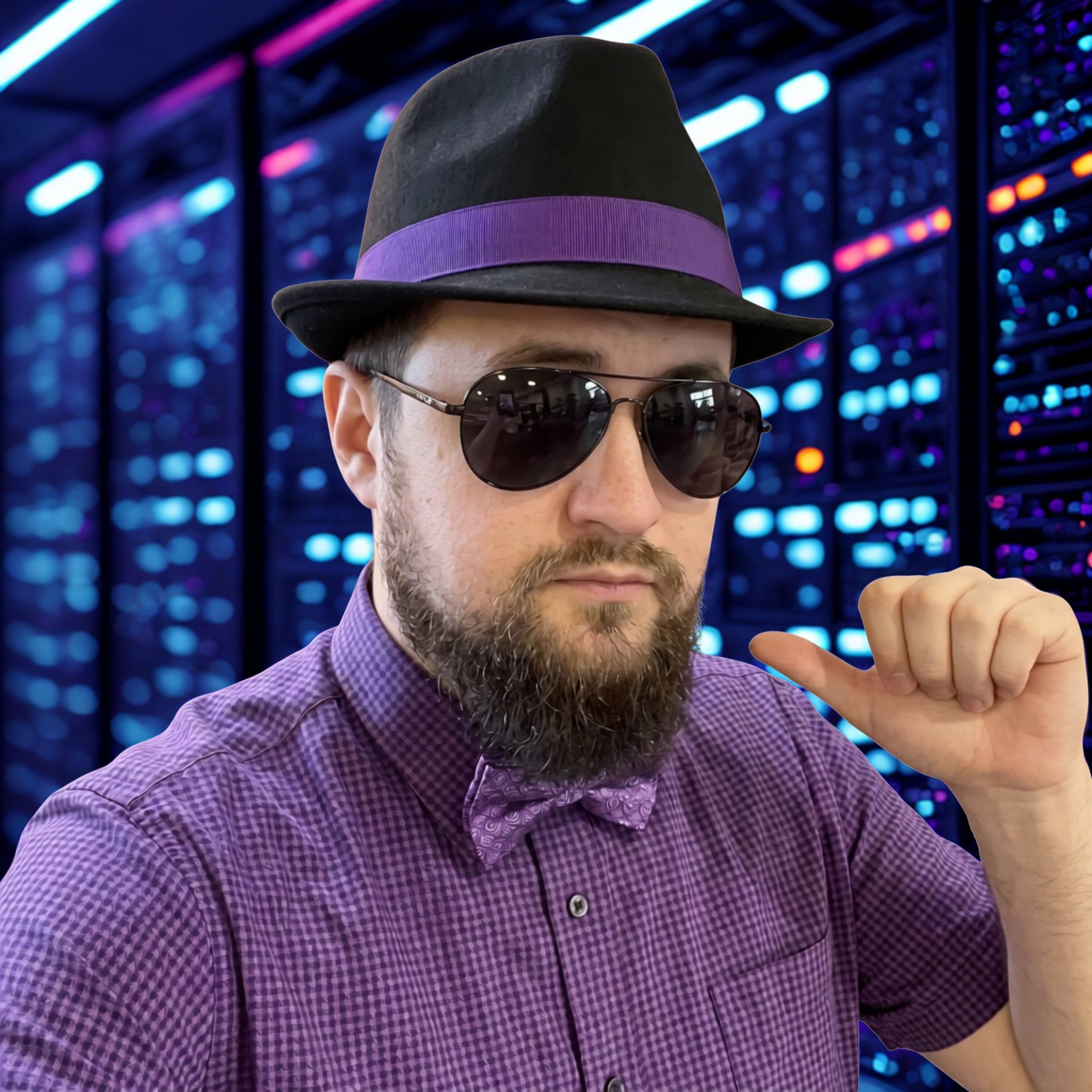 A man taking a selfie inside a server room with blue LED lights and server racks.