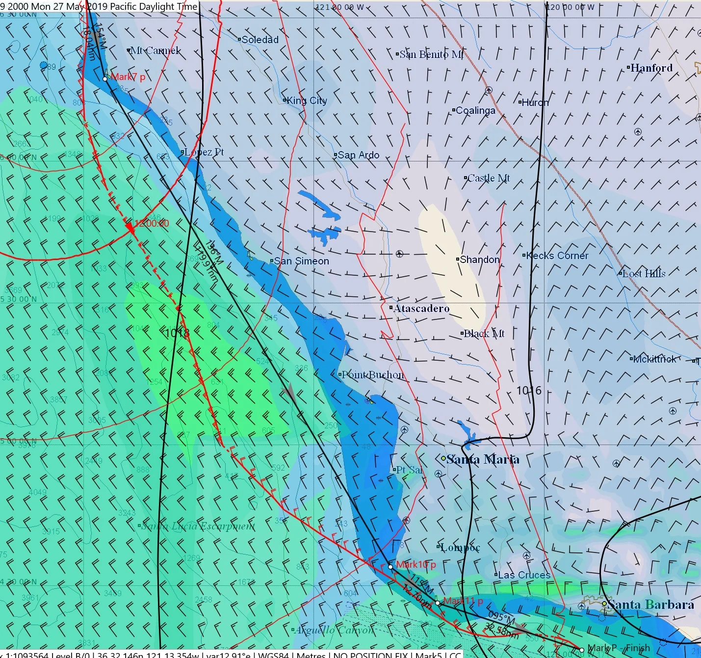 Planned route. We caught up to the 25kt pressure zone and rode it south