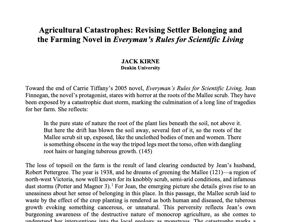 Agricultural Catastrophes: Revising settler belonging and the farming novel in Everyman’s Rules for Scientific Living