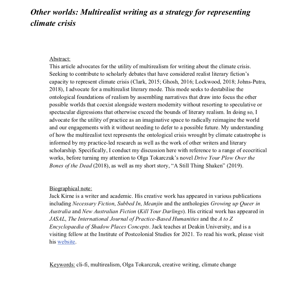 Other worlds: Multirealist writing as a strategy for representing climate crisis