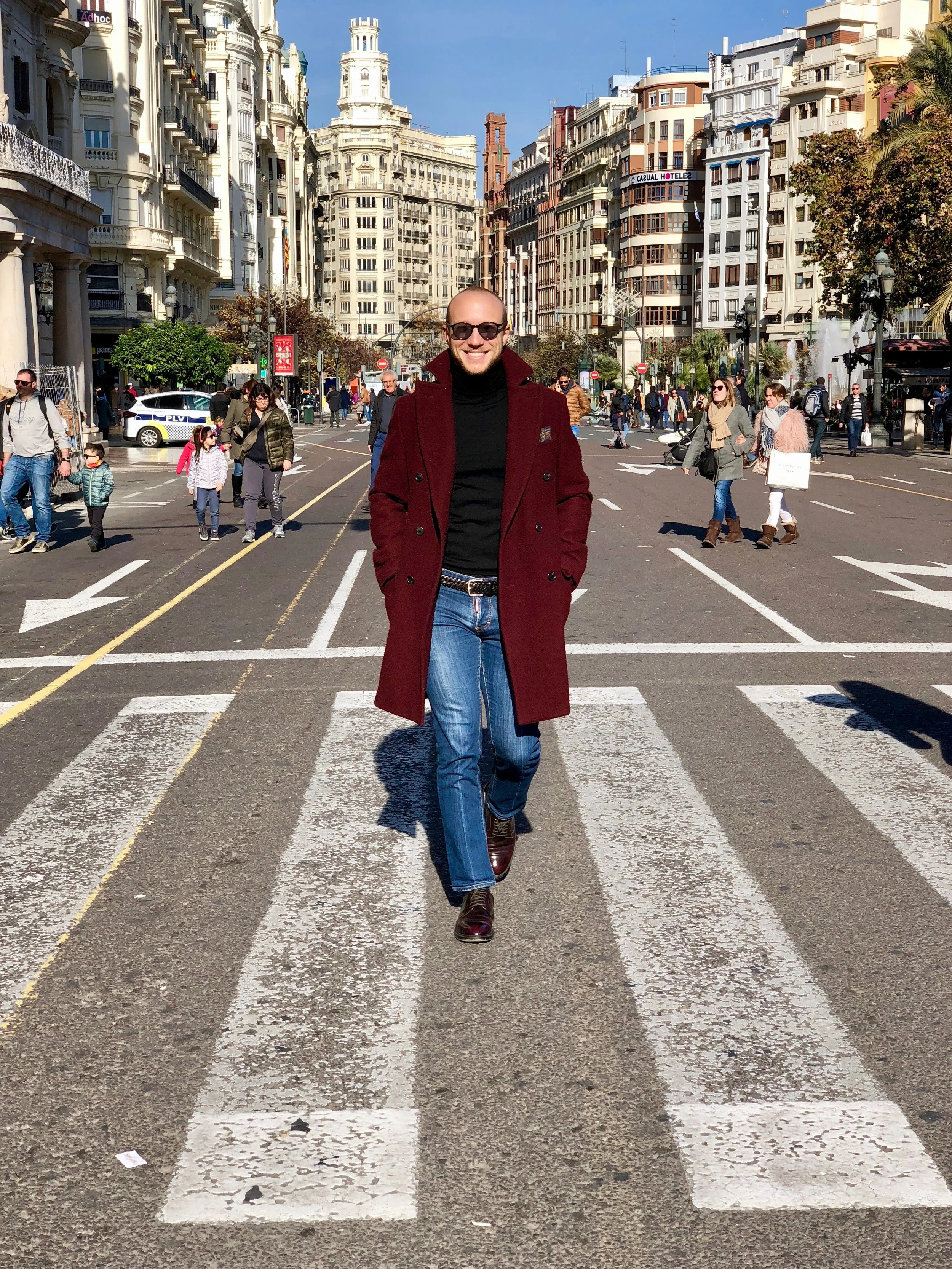 Yours truly, walking around Sunny Valencia on a casual winter afternoon. MTM casentino coat, Paolo Pecora merinos turtle neck, Dsquared2 denim, Doucal’s cordovan derbies.