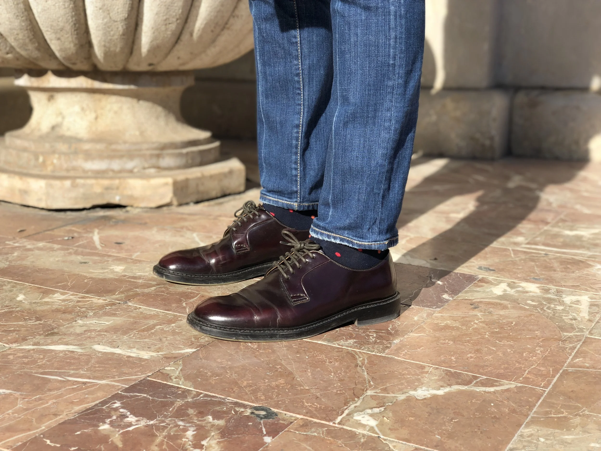 Show ‘em some socks… Dsquared2 denim, Marcoliani socks, Doucal’s cordovan derbies. Photo credit: @LucaMontini