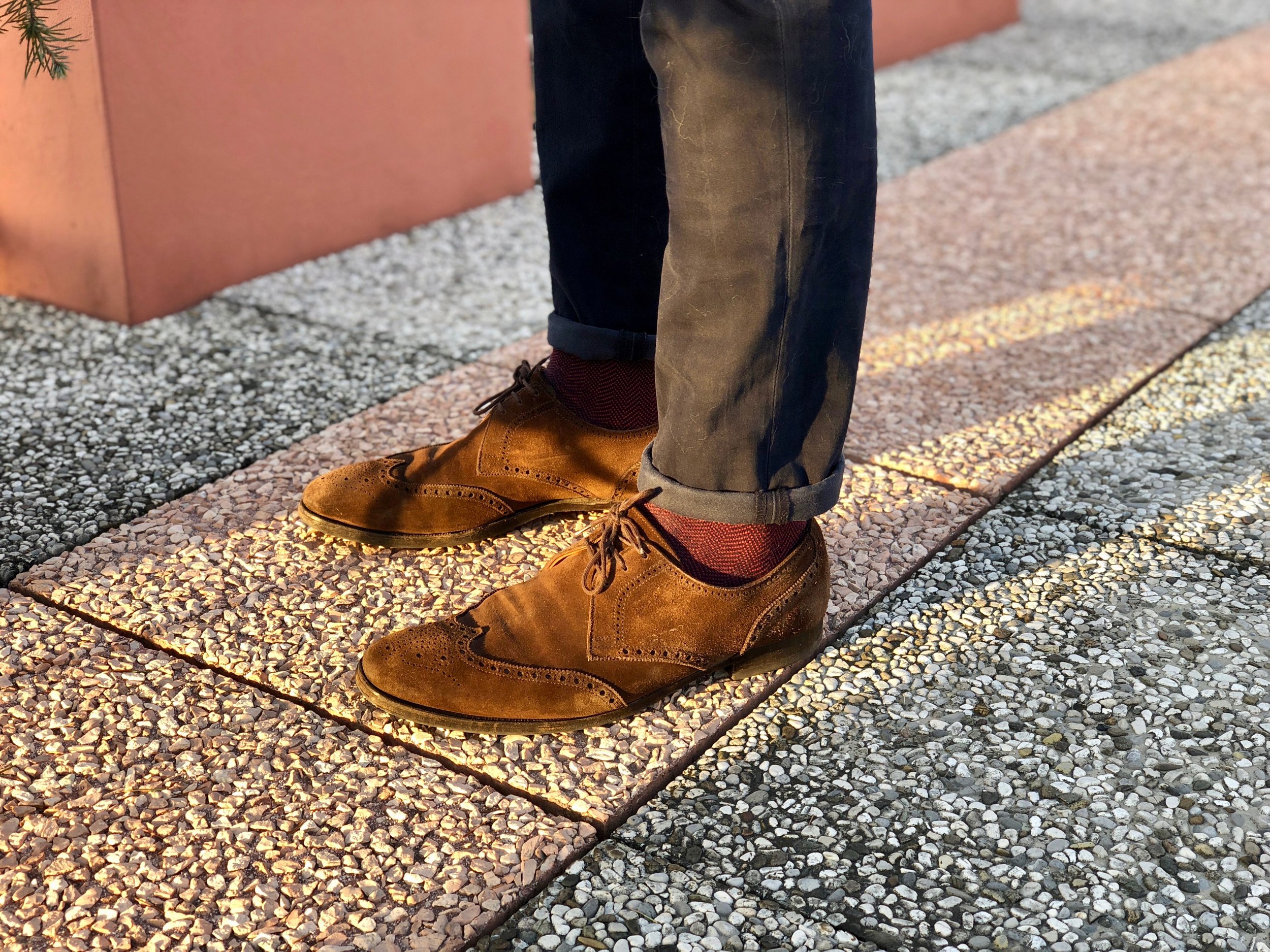 Dondup chinos, Alto Milano socks, seasoned Ralph Lauren suede oxford wingtip shoes. Photo credit: @LucaMontini