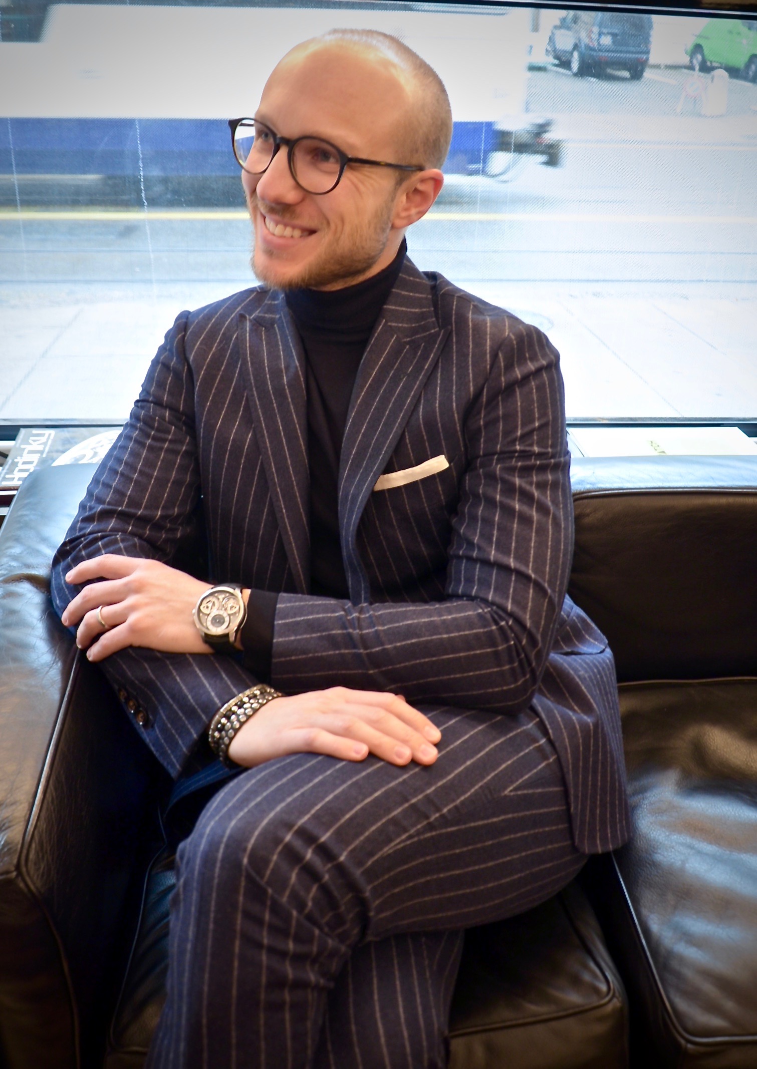 Flannel striped suit + turtle neck + amazing watch = Happy Luca. MTM suit, private label prototype merinos turtle neck, Czapek “Place Vendôme” Tourbillon timepiece. Photo Credit: @LucaMontini