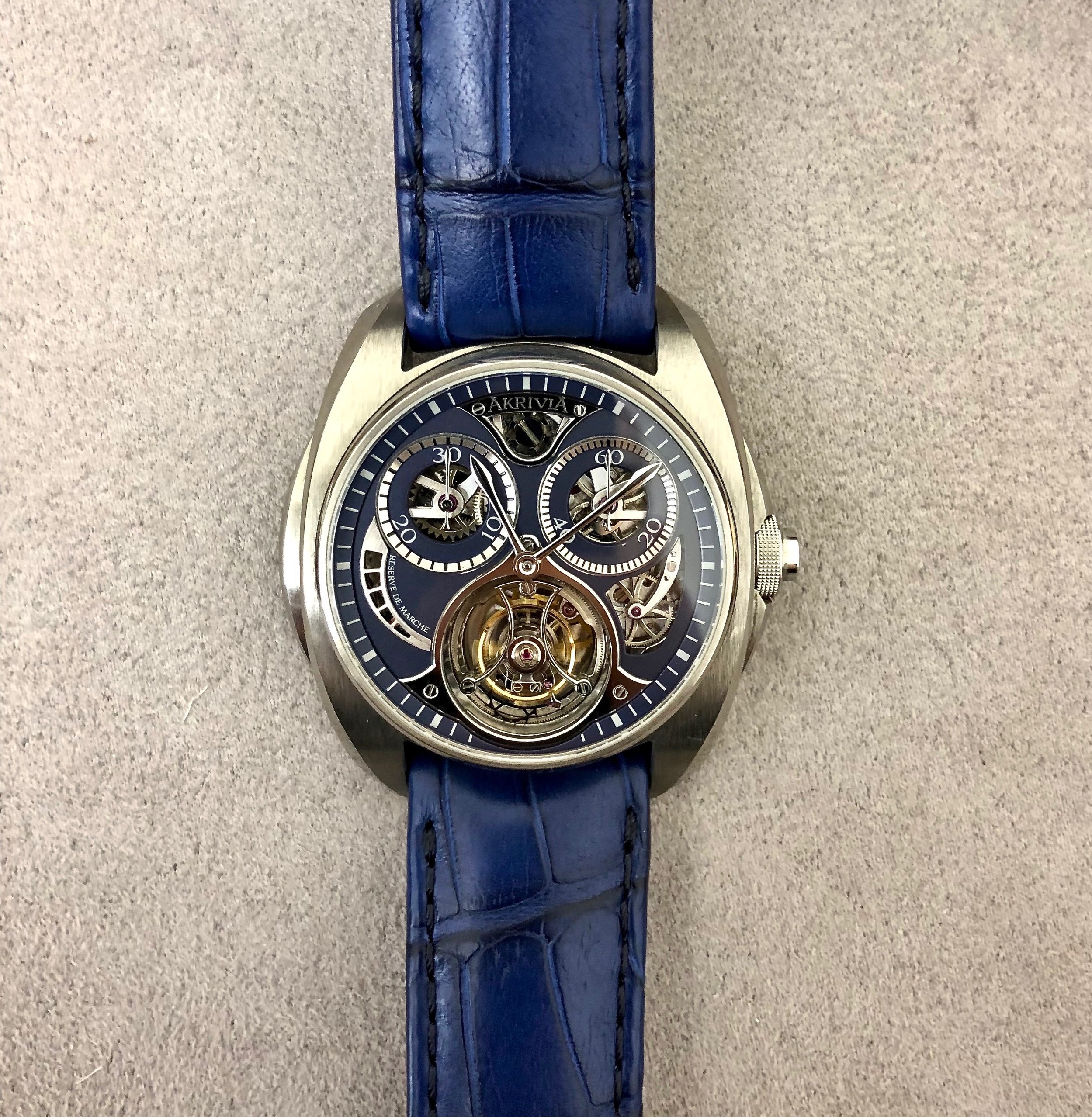 A close-up on the dial of the AK-01 Tourbillon Chronographe Monopoussoir.
