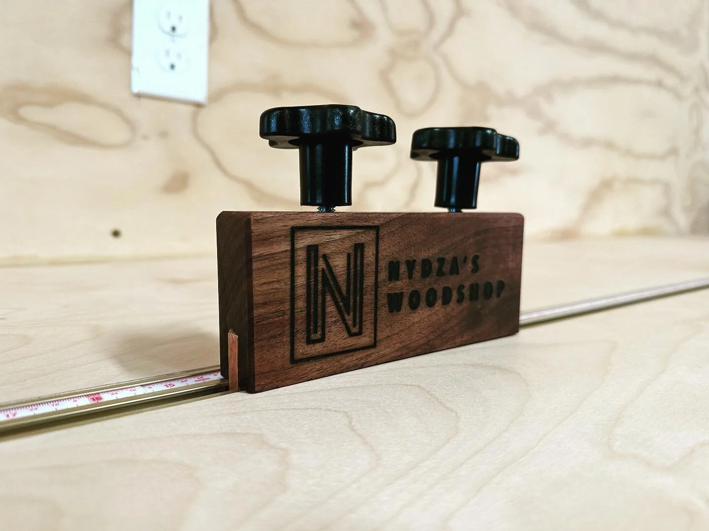 If you&rsquo;re going to make a stop for your miter saw station, you might as well make the fanciest stop ever. #woodworking #mitersawstation #diy #walnut #brand