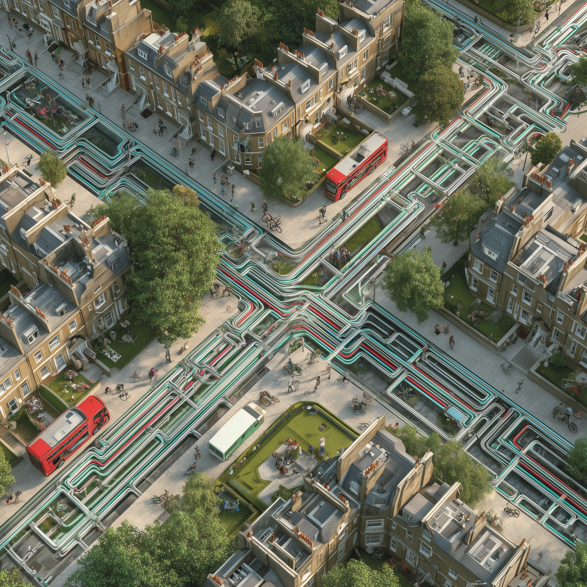 Aerial view of a city neighborhood with residential buildings, trees, and streets intersecting. The streets are overlaid with colorful, stylized pipes or cables, creating a maze-like pattern. Sidewalks have pedestrians, bicycles, and buses.