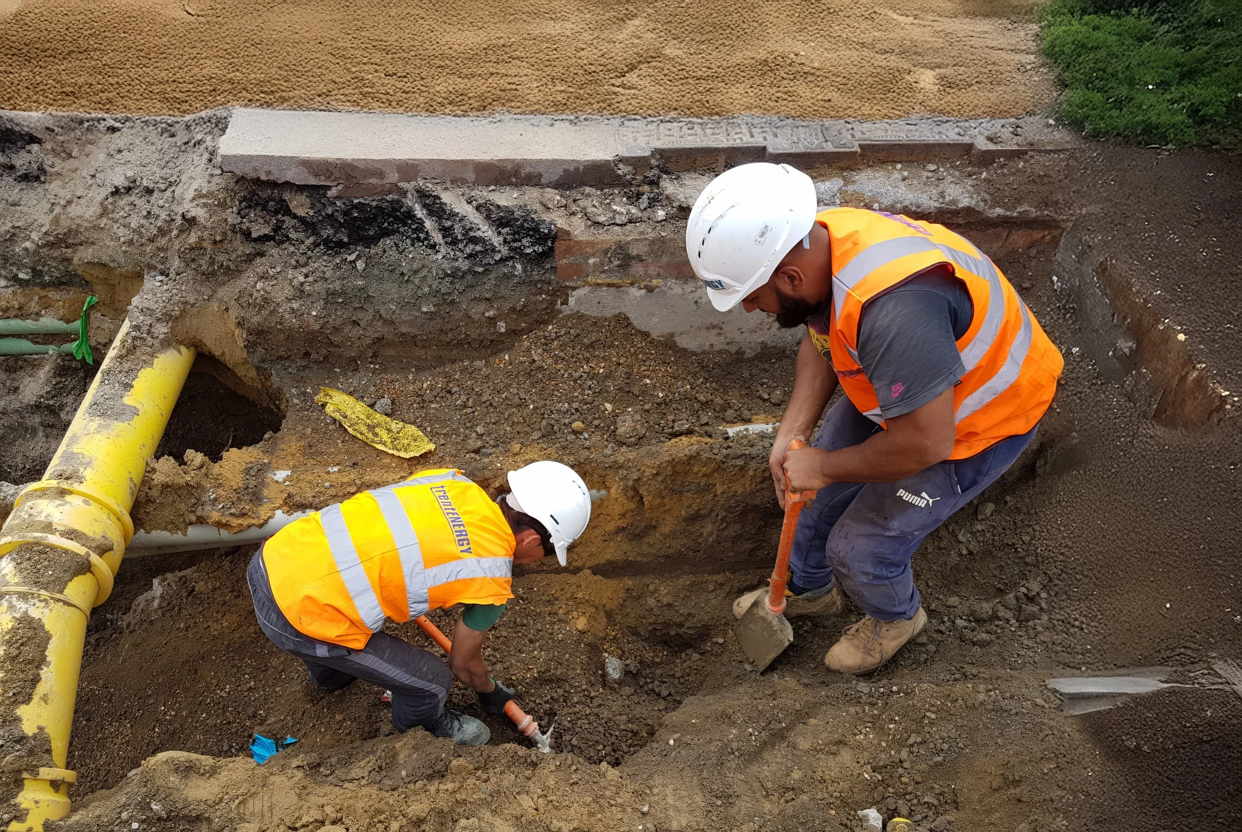 Two construction workers wearing white helmets and orange safety vests working on sewer pipeline installation, digging in the soil near a yellow pipe.