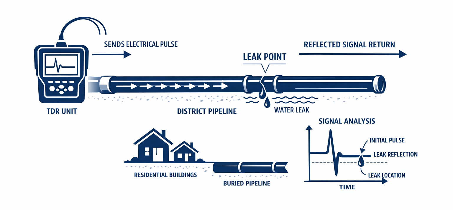 Diagram showing leak detection in a water pipeline system, including a TDR unit sending electrical pulses, a leak point with water leak and water flow, residential buildings with buried pipeline, and signal analysis chart with leak reflection.