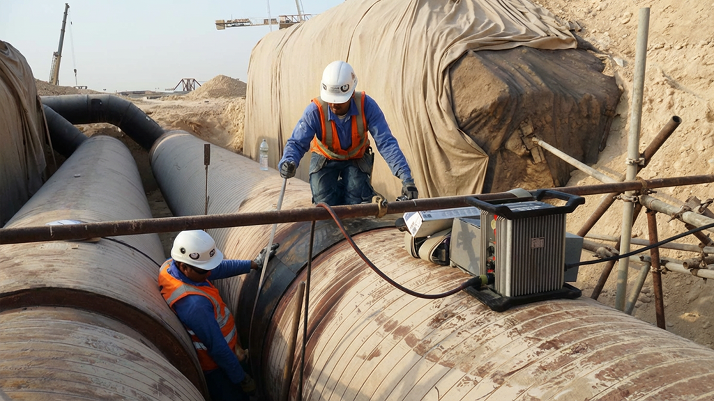 Two construction workers wearing safety gear working on large underground pipes at a construction site.