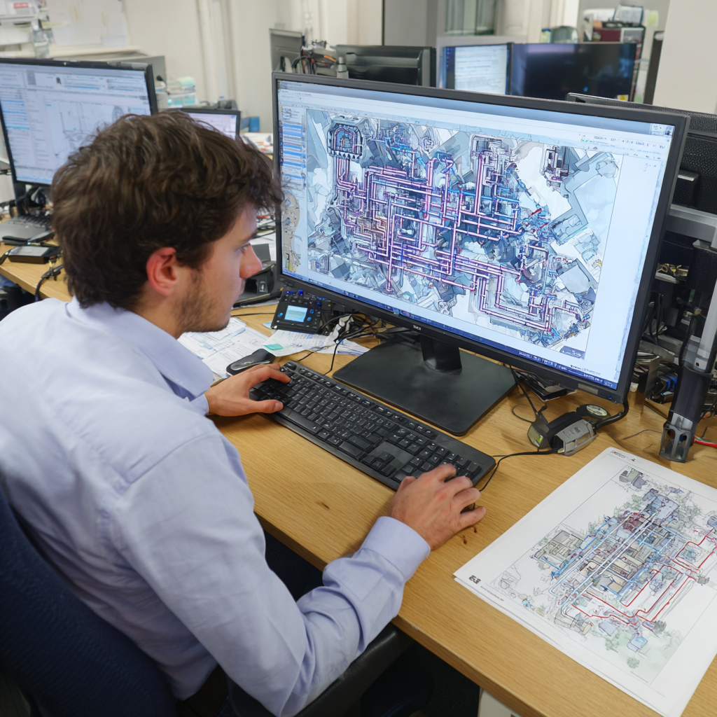 A man working on a computer with large monitor displaying a complex technical diagram or schematic, likely related to engineering or architectural plans, in an office environment.