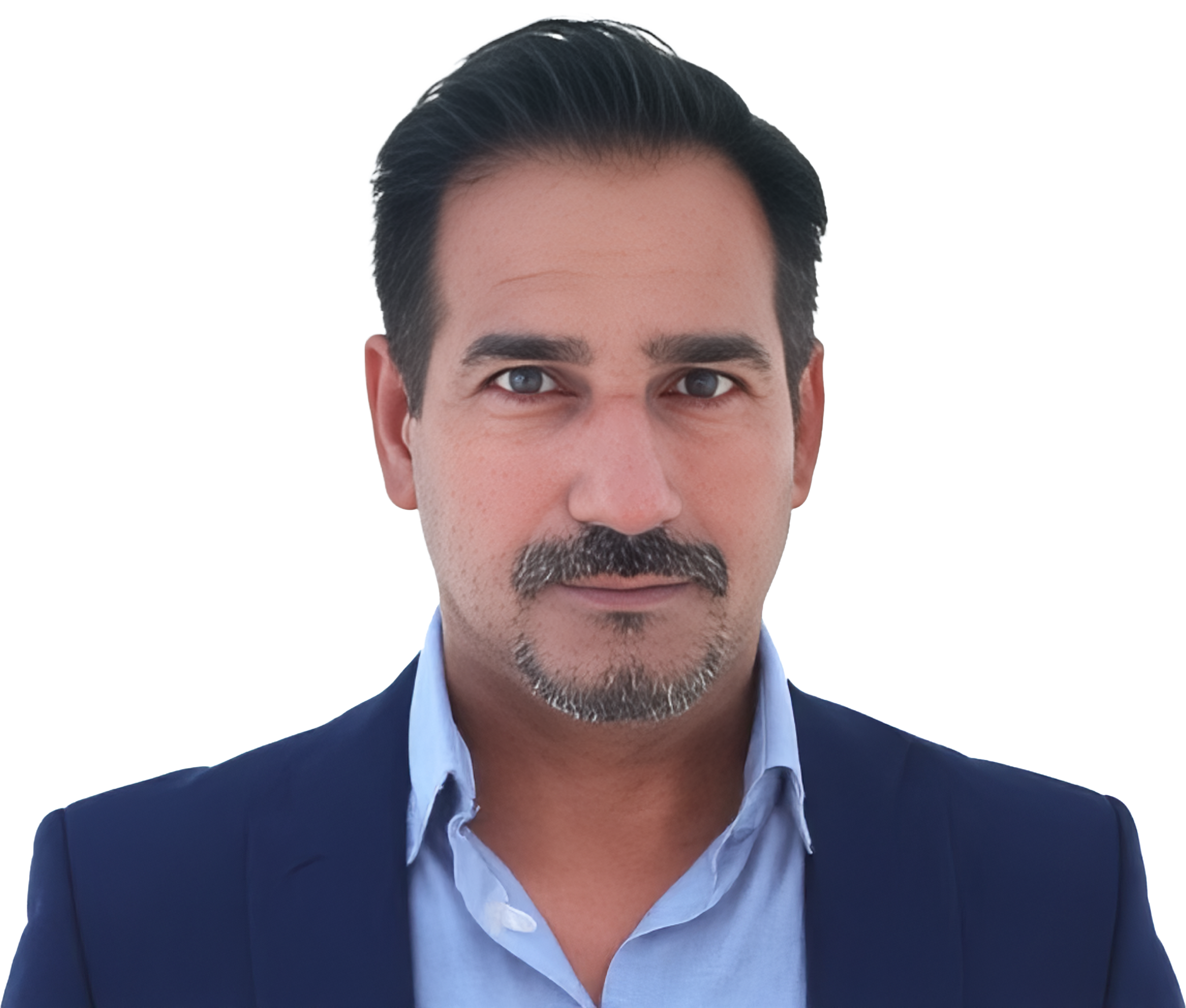 Portrait of a man with dark hair, a mustache and goatee, wearing a navy blazer and light blue shirt.