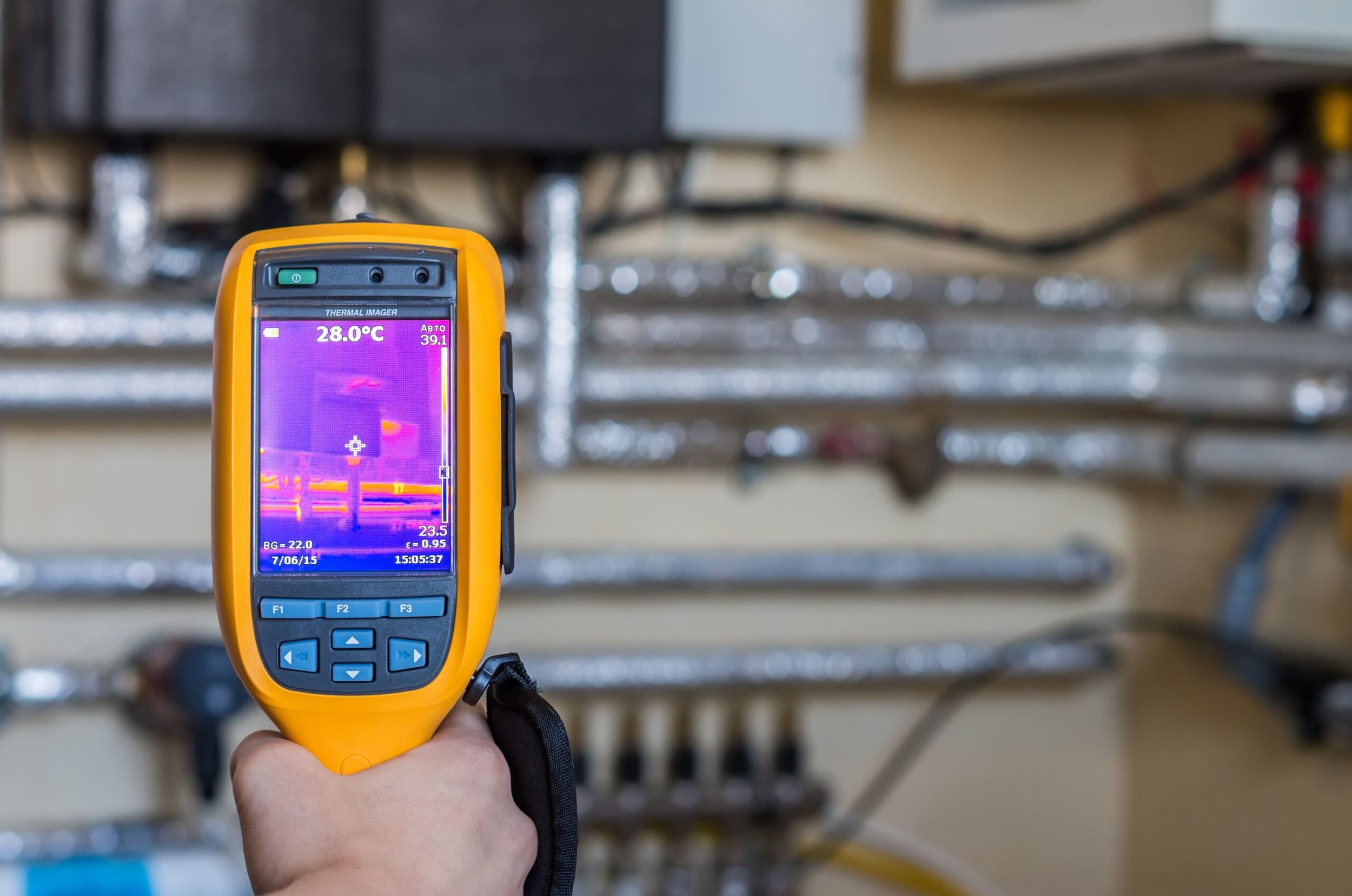 A handheld thermal imaging camera displaying a thermal image with temperature readings, held in front of metallic pipes and equipment on a wall.