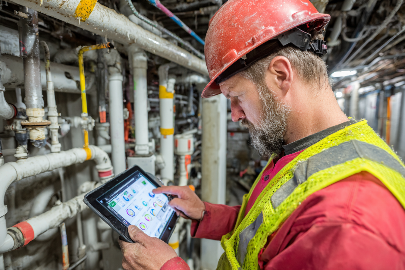 A construction worker wearing a red hard hat and yellow safety vest looks at a tablet device in an industrial setting with numerous pipes.